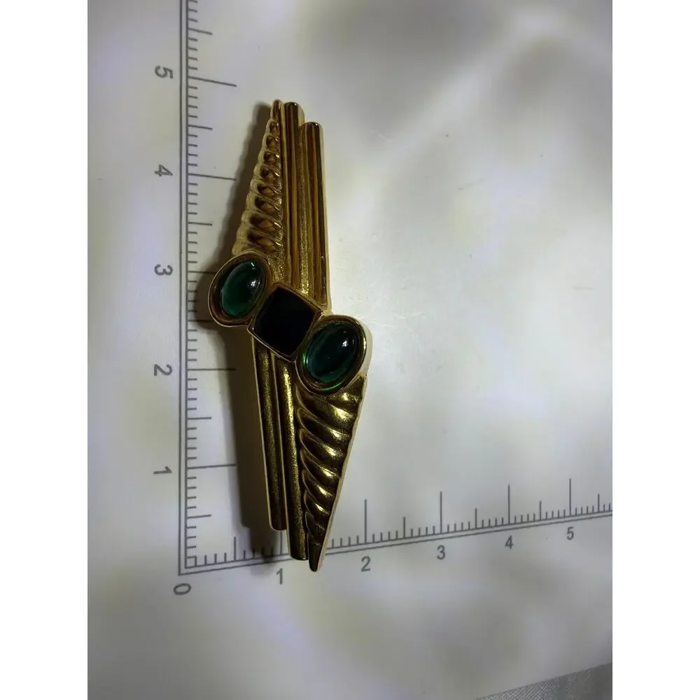 Vintage Gold Tone Green Cabochon Art Deco Modernist Brooch Geometric Pin